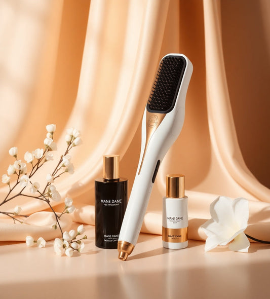 Hairbrush and bottles with 'Mane & Tail' branding on a soft peach background