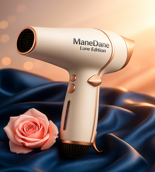 Mane Dane Lune Edition hair dryer with a pink rose on a satin background